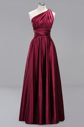 Chic Burgundy Satin Long Bridesmaid Dresses With One Shoulder-27dress
