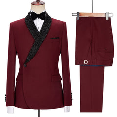 Chic Burgundy Sparkle Shawl Lapel Two Pieces Men Suits
