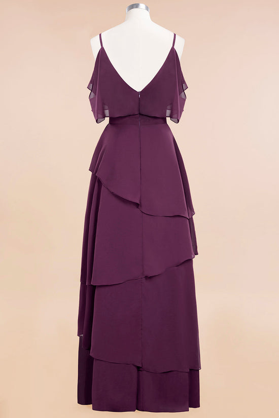 Chic Cold-Shoulder Layers Grape Chiffon Bridesmaid Dress Affordable-27dress