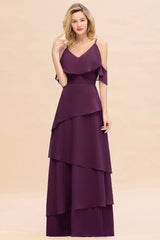 Chic Cold-Shoulder Layers Grape Chiffon Bridesmaid Dress Affordable-27dress