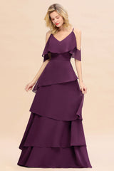 Chic Cold-Shoulder Layers Grape Chiffon Bridesmaid Dress Affordable-27dress