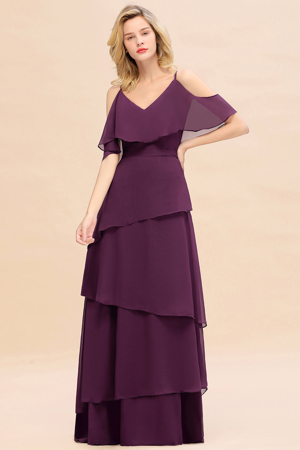 Chic Cold-Shoulder Layers Grape Chiffon Bridesmaid Dress Affordable-27dress