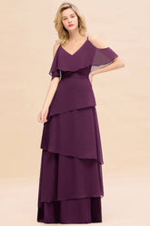 Chic Cold-Shoulder Layers Grape Chiffon Bridesmaid Dress Affordable-27dress