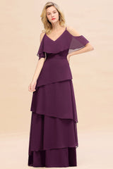 Chic Cold-Shoulder Layers Grape Chiffon Bridesmaid Dress Affordable-27dress