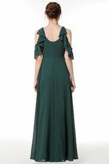 Chic Cold-shoulder Ruffle Dark Green Chiffon Bridesmaid Dresses Online-27dress