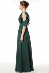 Chic Cold-shoulder Ruffle Dark Green Chiffon Bridesmaid Dresses Online-27dress