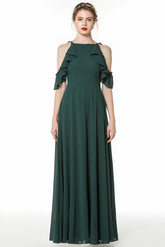Chic Cold-shoulder Ruffle Dark Green Chiffon Bridesmaid Dresses Online-27dress