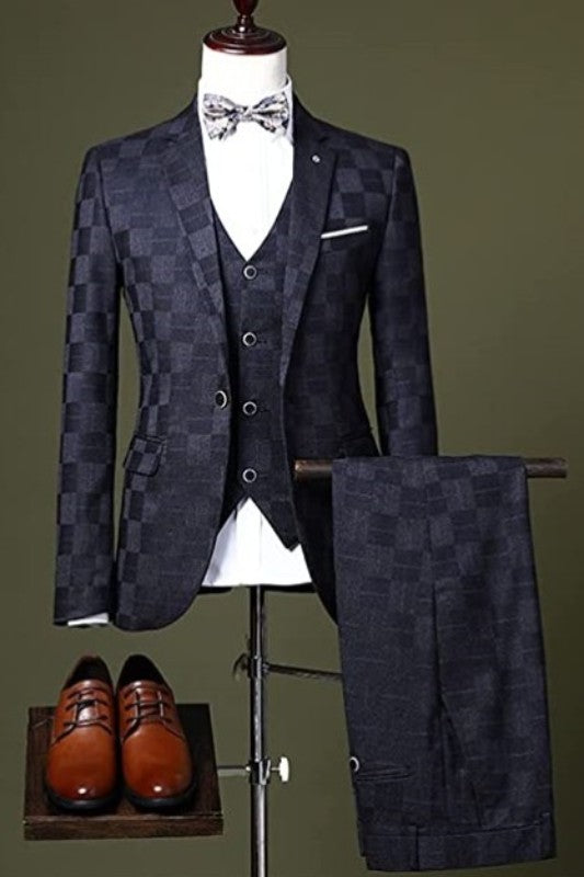Chic Dark Plaid Three Pieces One Button Men Blue Business Suits