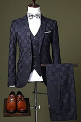 Chic Dark Plaid Three Pieces One Button Men Blue Business Suits