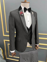 Chic Dark Peaked Lapel Three Pieces Gray Wedding Suits
