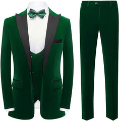 Chic Deep Green Three Pieces Velvet Men Suits For Prom
