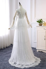 Chic Empire Lace Tulle Wedding Dress Long Sleeves V-Neck Appliques Bridal Gowns On Sale-27dress