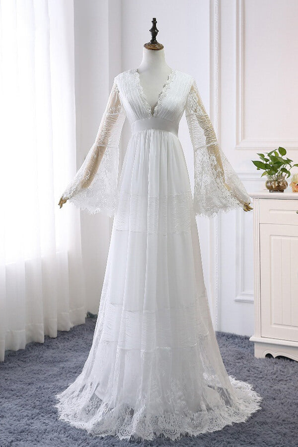 Chic Empire Lace Tulle Wedding Dress Long Sleeves V-Neck Appliques Bridal Gowns On Sale-27dress