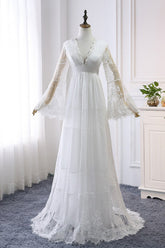 Chic Empire Lace Tulle Wedding Dress Long Sleeves V-Neck Appliques Bridal Gowns On Sale-27dress