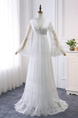 Chic Empire Lace Tulle Wedding Dress Long Sleeves V-Neck Appliques Bridal Gowns On Sale-27dress