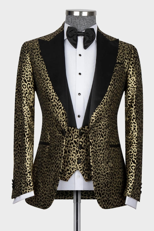 Chic Jacquard Peaked Lapel Three Pieces Gold Prom Suits