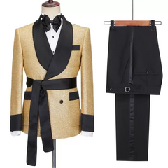 Chic Shawl Lapel Close Fitting Gold Wedding Suits