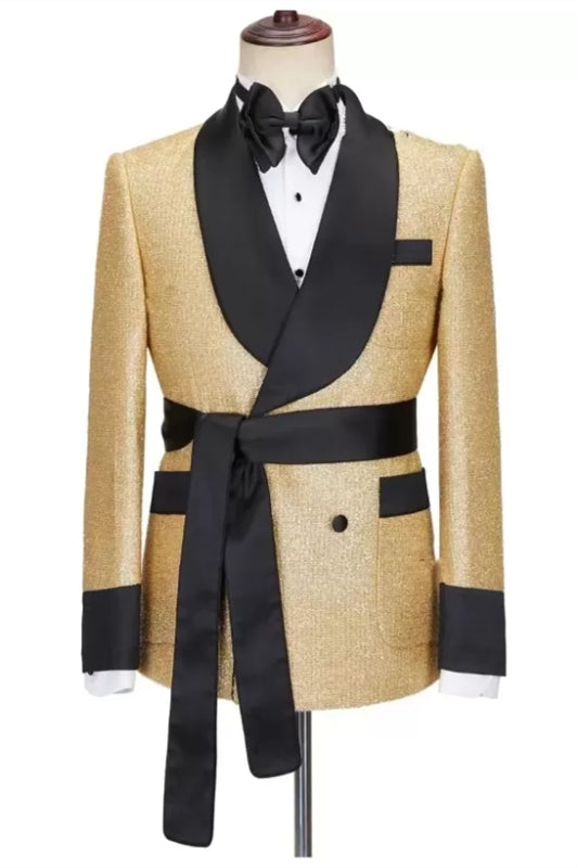 Chic Shawl Lapel Close Fitting Gold Wedding Suits