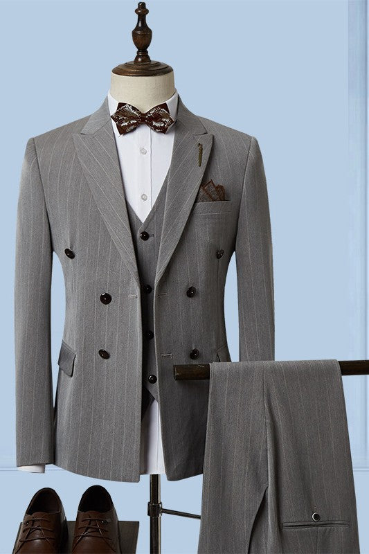 Chic Striped Peaked Lapel Three Pieces Single Breasted Gray Business Suits for Men