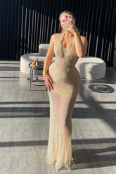 Chic Halter Neck Sleeveless Long Mermaid Prom Dress With Pleated