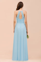 Chic Halter Sleeveless Affordable Sky Blue Bridesmaid Dress with Lace-27dress