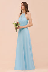Chic Halter Sleeveless Affordable Sky Blue Bridesmaid Dress with Lace-27dress