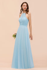 Chic Halter Sleeveless Affordable Sky Blue Bridesmaid Dress with Lace-27dress