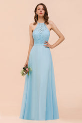 Chic Halter Sleeveless Affordable Sky Blue Bridesmaid Dress with Lace-27dress