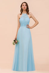 Chic Halter Sleeveless Affordable Sky Blue Bridesmaid Dress with Lace-27dress