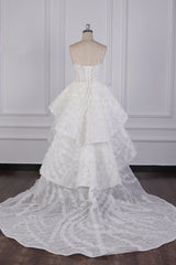 Chic Hi-Lo Strapless Tulle Wedding Dress Appliques Sleeveless Bridal Gowns Online-27dress