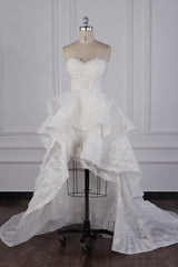 Chic Hi-Lo Strapless Tulle Wedding Dress Appliques Sleeveless Bridal Gowns Online-27dress