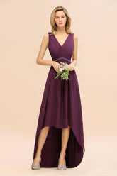 Chic Hi-Lo V Neck Ruffle Bridesmaid Dress with Beading Sash-27dress