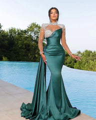 Chic High Neck Long Sleeves Beaded Stain Mermaid Prom Dress With Ruffles