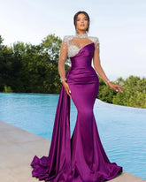 Chic High Neck Long Sleeves Beaded Stain Mermaid Prom Dress With Ruffles
