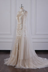 Chic High-Neck Tulle Champagne Wedding Dress Mermaid Sleeveless Appliques Bridal Gowns Online-27dress