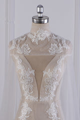 Chic High-Neck Tulle Champagne Wedding Dress Mermaid Sleeveless Appliques Bridal Gowns Online-27dress