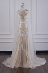 Chic High-Neck Tulle Champagne Wedding Dress Mermaid Sleeveless Appliques Bridal Gowns Online-27dress