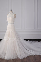 Chic High-Neck Tulle Lace Wedding Dress Appliques Sleeveless Bridal Gowns with Beading Sashes Online-27dress