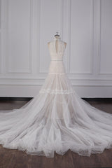 Chic High-Neck Tulle Lace Wedding Dress Appliques Sleeveless Bridal Gowns with Beading Sashes Online-27dress