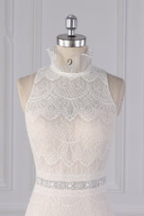 Chic High-Neck Tulle Lace Wedding Dress Appliques Sleeveless Bridal Gowns with Beading Sashes Online-27dress