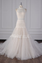 Chic High-Neck Tulle Lace Wedding Dress Appliques Sleeveless Bridal Gowns with Beading Sashes Online-27dress