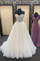Chic Ivory Sweetheart Long Lace Up Wedding Dress Crystal Appliques Bridal Gowns On Sale-27dress