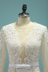 Chic Jewel Long Sleeves Tulle Chiffon Wedding Dress Lace Appliques Front Slit Bridal Gowns Online-27dress