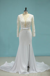 Chic Jewel Long Sleeves Tulle Chiffon Wedding Dress Lace Appliques Front Slit Bridal Gowns Online-27dress