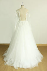 Chic Jewel Longsleeves Tulle Wedding Dress Appliques Lace A-line Bridal Gowns On Sale-27dress