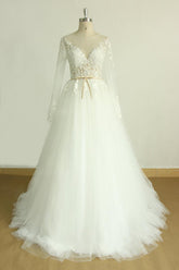 Chic Jewel Longsleeves Tulle Wedding Dress Appliques Lace A-line Bridal Gowns On Sale-27dress