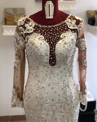 Chic Jewel Mermaid Longsleeves Wedding Dresses White Lace Bridal Gowns With Appliques On Sale-27dress