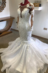 Chic Jewel Mermaid Longsleeves Wedding Dresses White Lace Bridal Gowns With Appliques On Sale-27dress