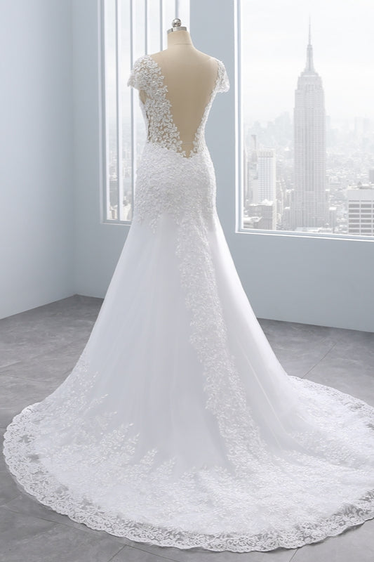 Chic Jewel Mermaid Tulle Lace Wedding Dress Short-Sleeves Beadings Appliques Bridal Gowns On Sale-27dress