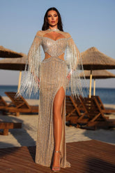 Chic Jewel Necks Long Sleeves Beadings High Split Prom Dress With Tassel